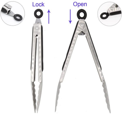 304 Stainless Steel Kitchen Cooking Tongs, 9" and 12" Set of 2 Sturdy Grilling Barbeque Brushed Locking Food Tongs with Ergonomic Grip, Black