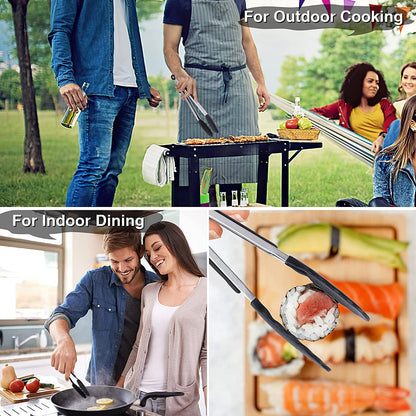 Kitchen Tongs Set of 3, Black Cooking Tongs with Silicone Tips, Stainless Steel Serving Tongs, Non-Stick Non-Scratch Heat Resistant Tongs for Grilling Cooking BBQ Buffet Salad (Black, 7/9/12 Inch)