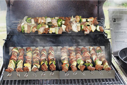Kabob Skewers Rack Set of 2, Stainless Steel Skewers Holder with 6 Notch Compatible with Wood, Bamboo, Round, Metal, Flat Skewers for Grilling, BBQ Grilling Accessories (Pouch Included)