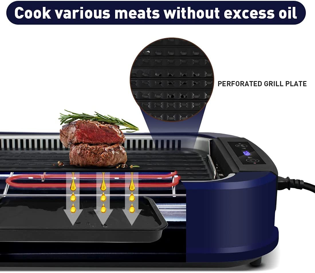 Indoor Grill Electric Grill  Smokeless Grill Portable Korean BBQ Grill with Turbo Smoke Extractor Technology, Non-Stick Removable Grill Plate, Tempered Glass Lid, Great for Party(Single Plate)