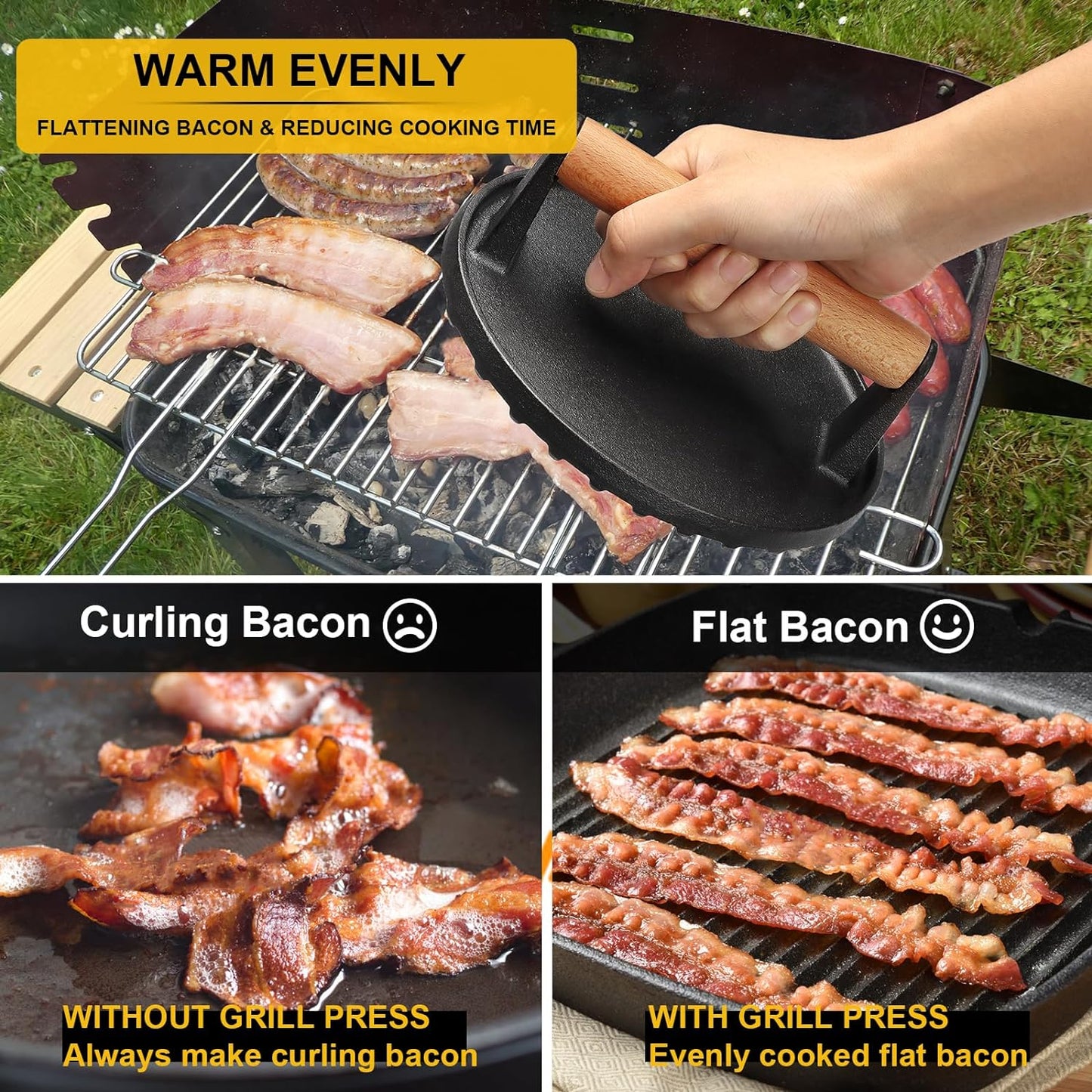 AIVIKI Burger Press, Smash Burger Press for Blackstone Griddle, Heavy Duty Cast Iron round 6.9In Bacon Grill Press with Wood Handle, Meat Steak Weight for Sandwich, Paninis (Round)