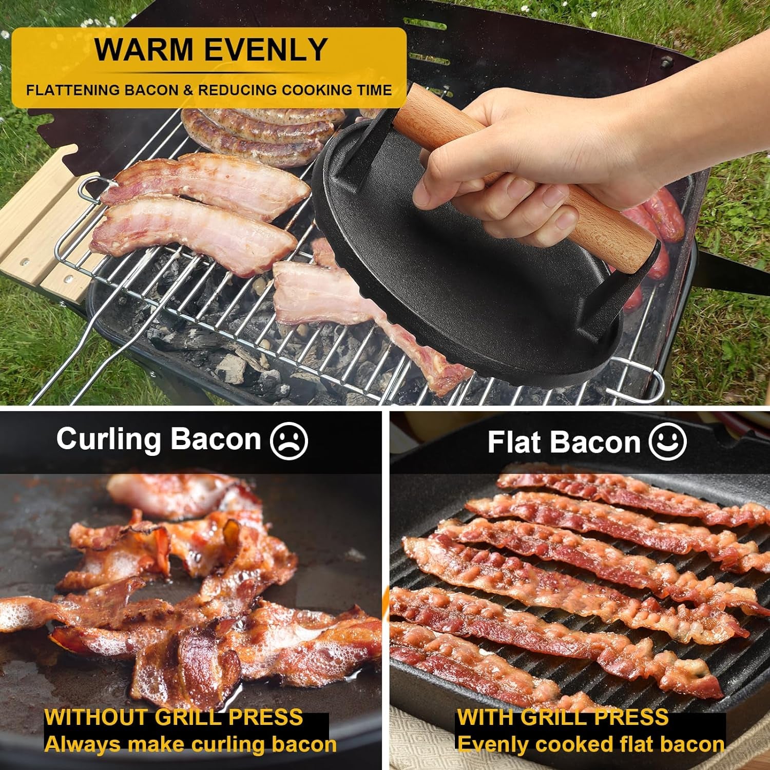 AIVIKI Burger Press, Smash Burger Press for Blackstone Griddle, Heavy Duty Cast Iron round 6.9In Bacon Grill Press with Wood Handle, Meat Steak Weight for Sandwich, Paninis (Round)