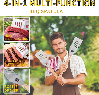Qinshaine 4-In-1 BBQ Spatula, Multifunction Grill Spatula with Wooden Handle, Perfect for BBQ Grills and Kebabs for Camping Picnics