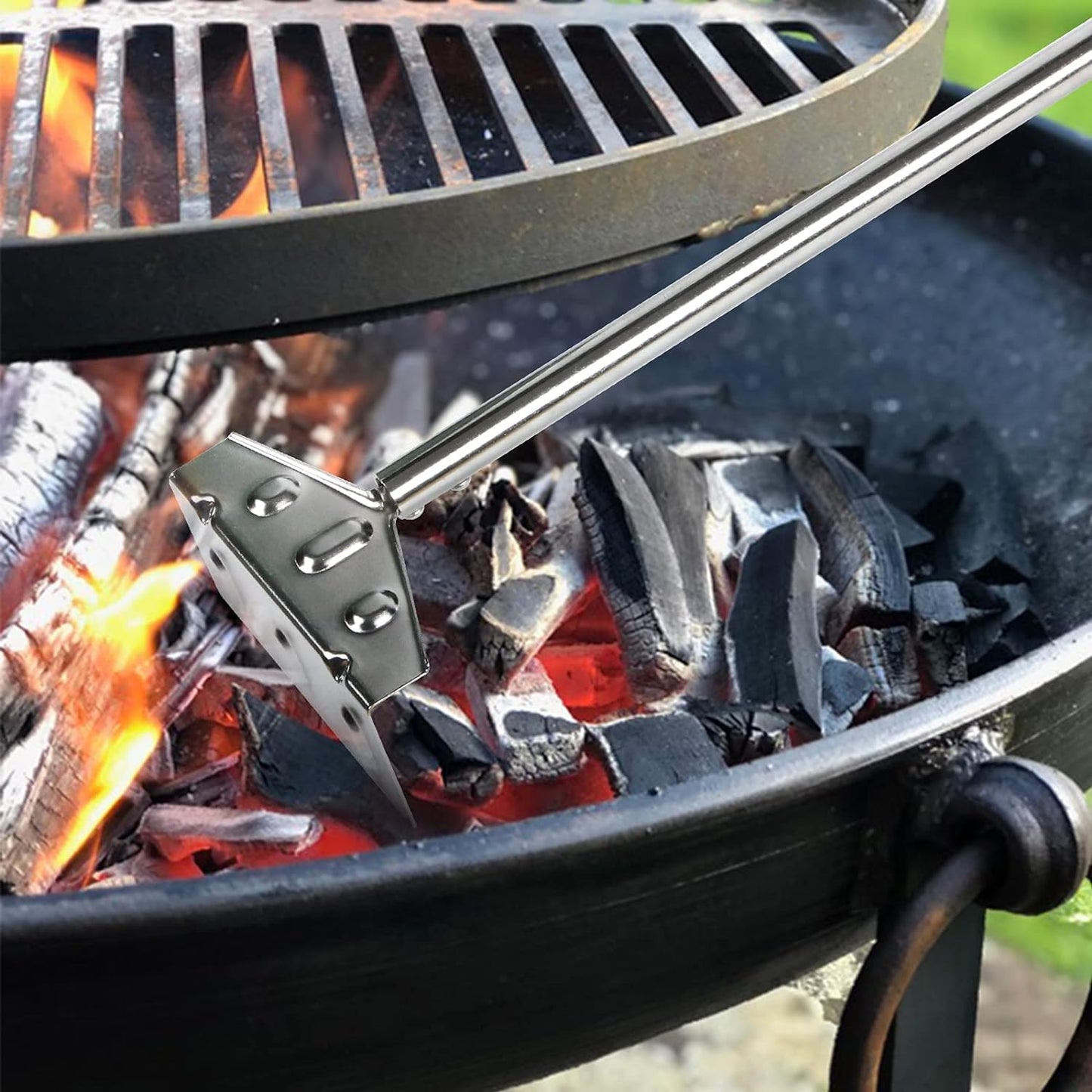 Heavy Duty Charcoal Grill Rake Grill Ash Tool Accessories with Rubber Handle, Charcoal Kettle Grill Pizza Oven Ash Rake -32 Inch