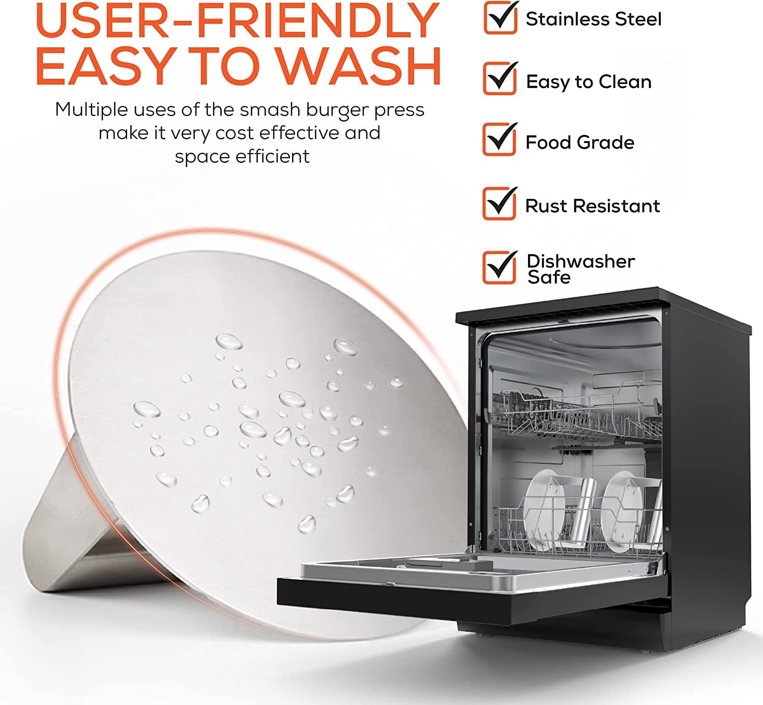 OVOQE 6.2 Inch Heavy Duty Stainless Steel Smash Burger Press, round Stainless Steel Professional Burger Smasher/Hamburger Patty Maker, Griddle Accessories Kit for Flat Top Grill, Rust-Free Easy Clean.