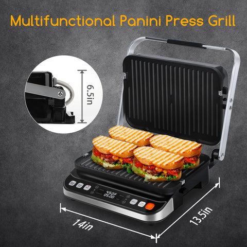 Image of 10 in 1 Panini Press Sandwich Maker,  1600W Electric Indoor Grill with Non-Stick Double Sided Plates, LED Touch Screen, Independent Temperature Control, Opens 180 Degrees, Stainless Steel