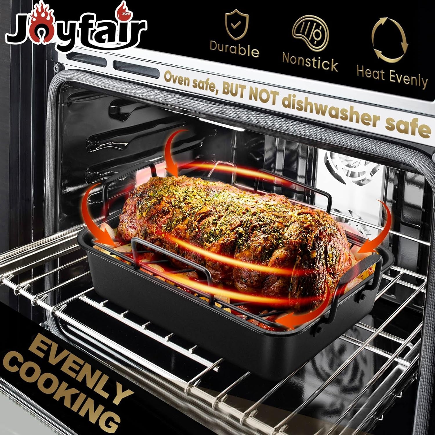 14-In Nonstick Turkey Roasting Pan with Rack Set, Joyfair Chicken Roaster Pan with Flat Rack & Removable V-Rack, Heavy Duty Rectangular Oven Bakeware with Non-Toxic Coating, Easy Releasing & Cleaning