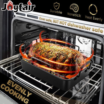 14-In Nonstick Turkey Roasting Pan with Rack Set, Joyfair Chicken Roaster Pan with Flat Rack & Removable V-Rack, Heavy Duty Rectangular Oven Bakeware with Non-Toxic Coating, Easy Releasing & Cleaning