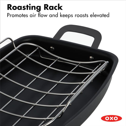 OXO Obsidian Pre-Seasoned Carbon Steel, 15" X 10.5" Roasting Pan with Stainless Steel Roaster Rack, Induction, Black