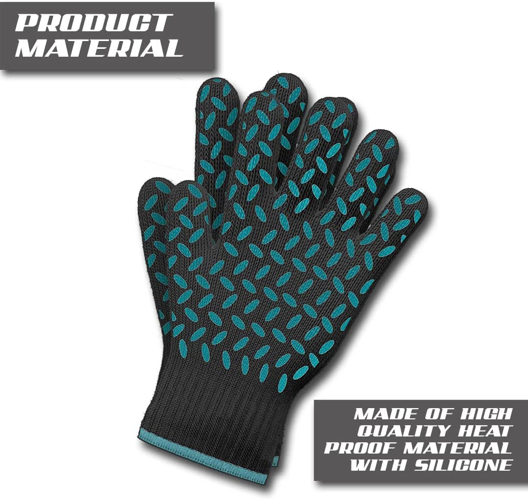 Heat Resistant Gloves Oven Gloves Heat Resistant Black BBQ Gloves for Grilling BBQ Gloves Heat Resistant Cooking Heat Resistant Gloves Kitchen Heat Gloves High Temp Grill Gloves with Green Silicone