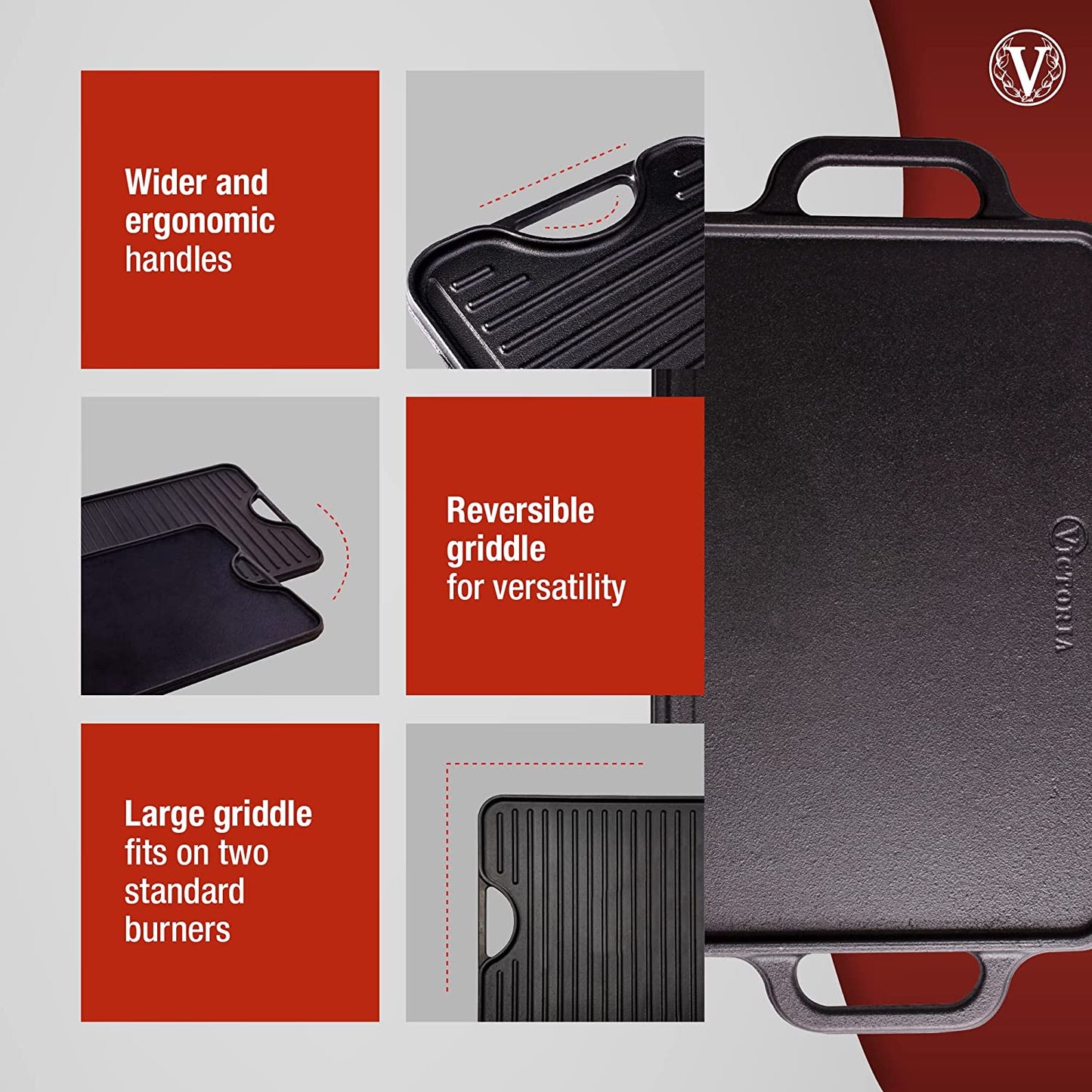 Rectangular Cast Iron Griddle. Double Burner Griddle, Reversible Griddle Grill, 13 X 8.5 Inch, Seasoned with 100% Kosher Certified Non-Gmo Flaxseed Oil, Model: GDL-189