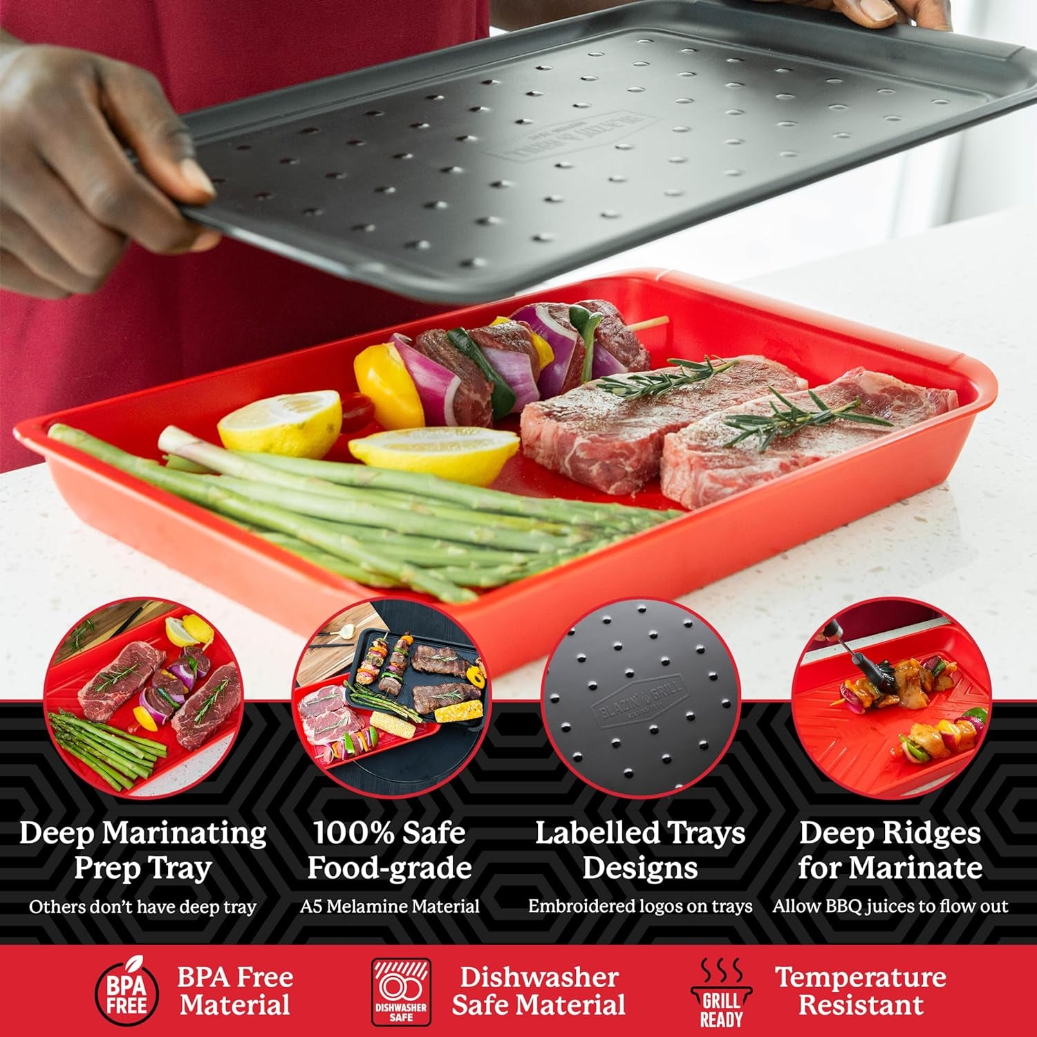 Prep & Serving Trays | Set of 2 | Stackable Serving Tray & Marinating Tray | Serving Platter for Plating Food & BBQ Prep Tub for Marinating Meats | Grill Accessories for Outdoor Grill |