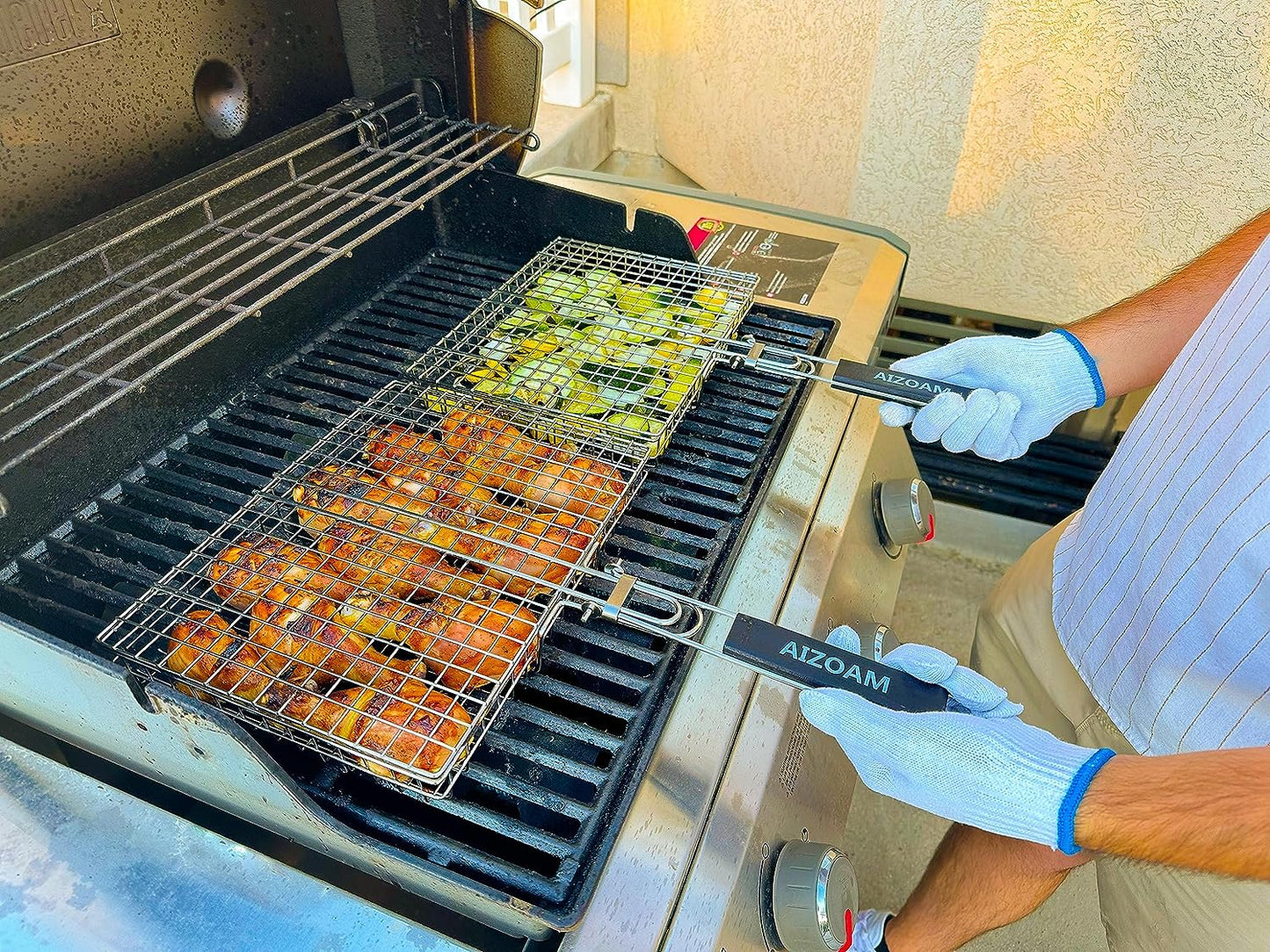 Grill Basket  Grill Basket Stainless Steel BBQ Grilling Basket Large Folding Grill Basket with Removable Handle. Grill Basket for Fish,Vegetables . Grill Accessories BBQ Accessories Grilling Gifts for Men Dad .