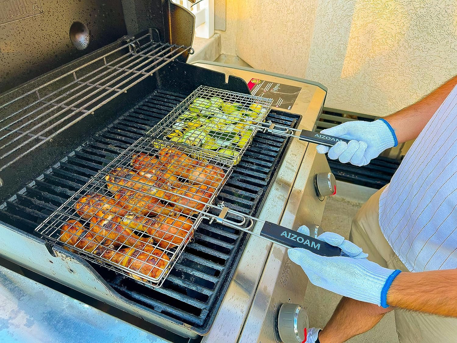 Grill Basket  Grill Basket Stainless Steel BBQ Grilling Basket Large Folding Grill Basket with Removable Handle. Grill Basket for Fish,Vegetables . Grill Accessories BBQ Accessories Grilling Gifts for Men Dad .