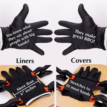 Grilling Glove Kit – 100 Black Nitrile Gloves – 4 Thick Cotton Liners – Disposable BBQ Gloves with Washable Heat-Resistant Liners – Replaceable Cover Oven Mitt for Barbecue and Smoking Meat