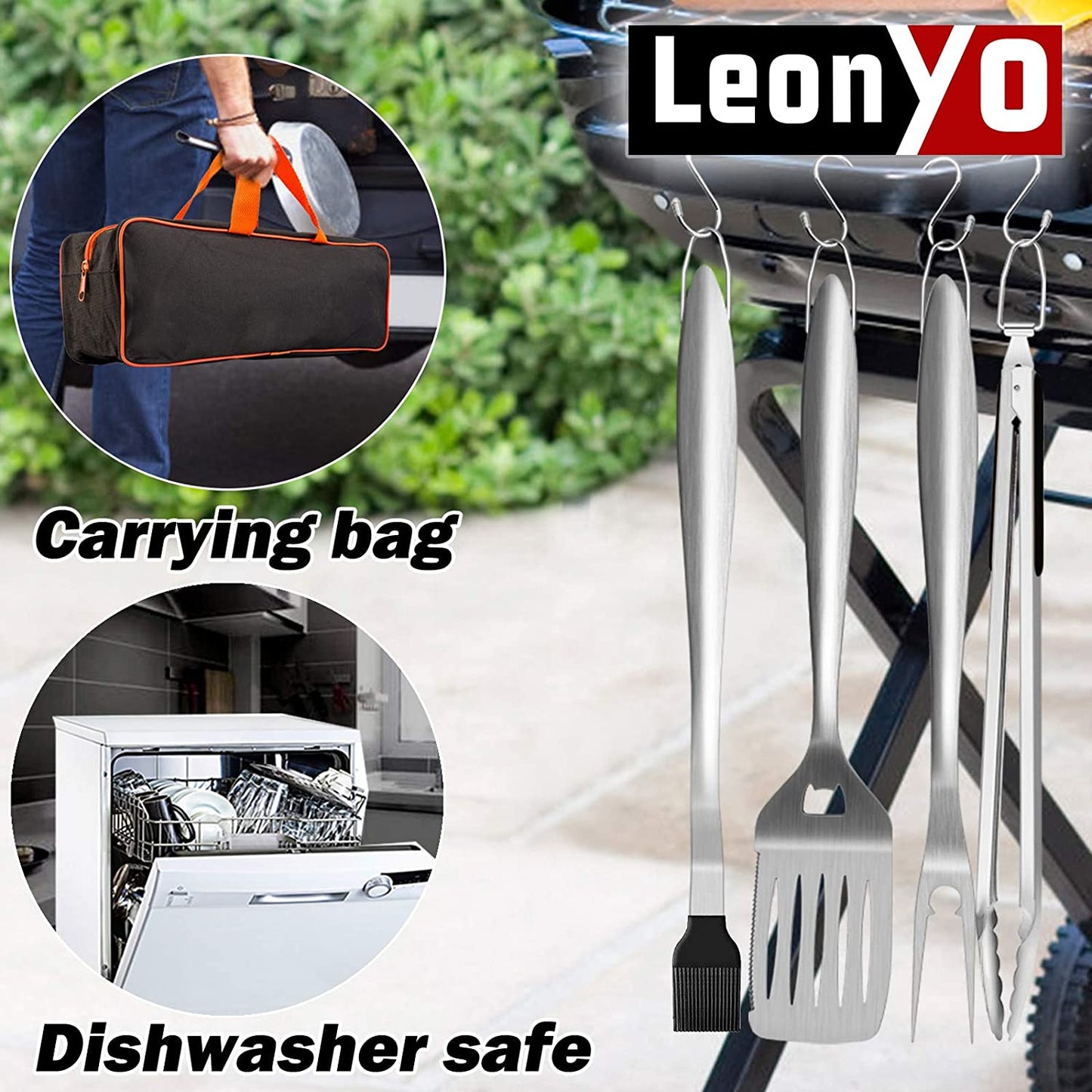 Grill Tools Set of 6, 18-Inch Extra-Long BBQ Tool Set, Heavy-Duty Barbecue Grilling Accessories, Stainless Steel Spatula, Fork, Tong, Basting Brush, Cleaning Brush & Carrying Bag - Black Handle