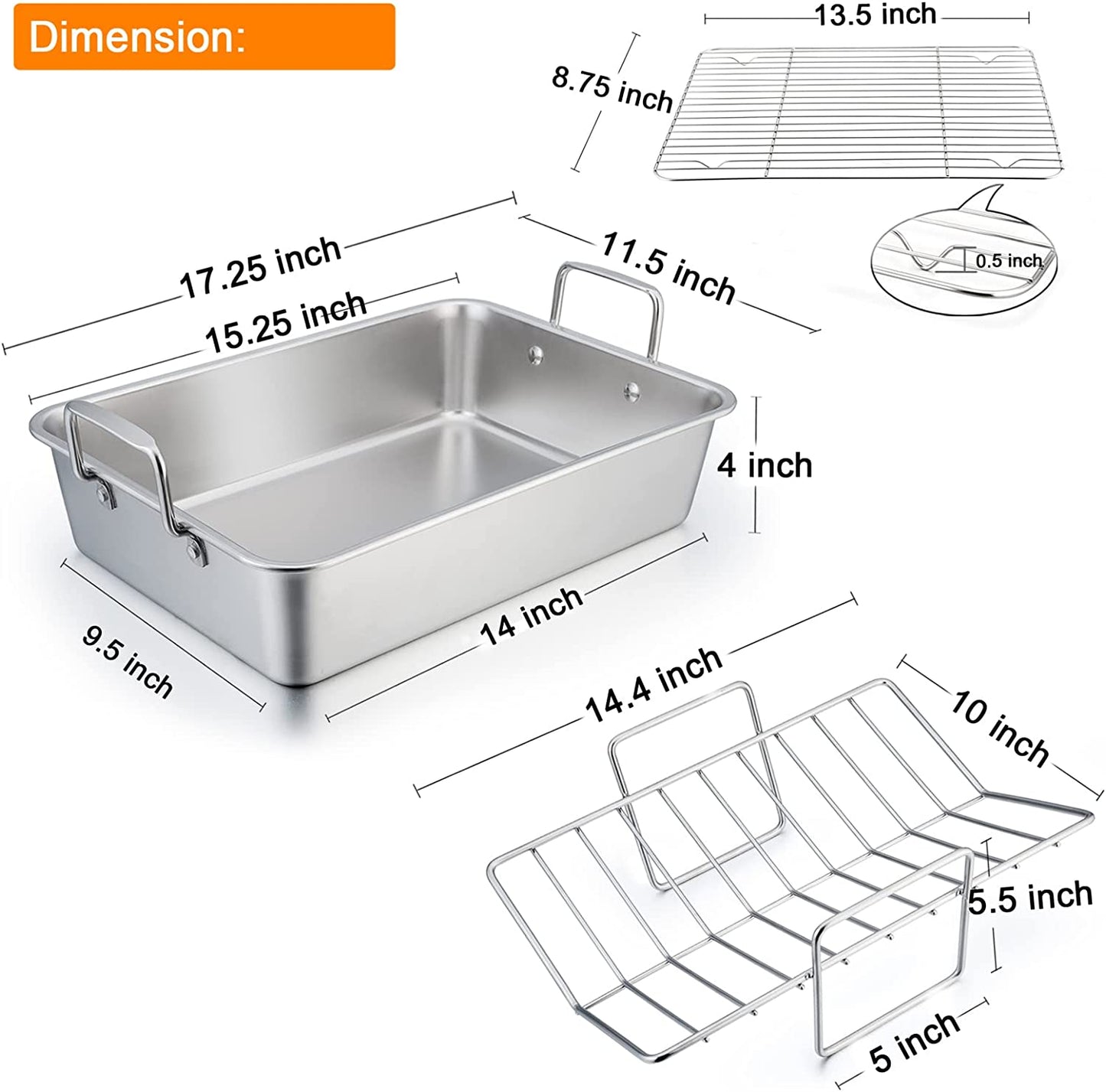 Teamfar Roasting Pan, 15 Inch Large Turkey Roaster Lasagna Pan with V Rack & Cooling Rack Set Stainless Steel for Thanksgiving Christmas, Healthy & Heavy Duty, Deep Side & Dishwasher Safe - 3 PCS