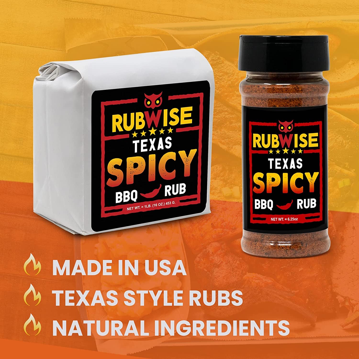 Texas Style Spicy Seasoning Rub & Brisket Rub by Rubwise | BBQ Rub & Spices for Smoking & Grilling | Dry Rubs | Great on Brisket, Steaks, Ribs, Burgers, Chops & Add Kick to Your Meat (1Lb Eac