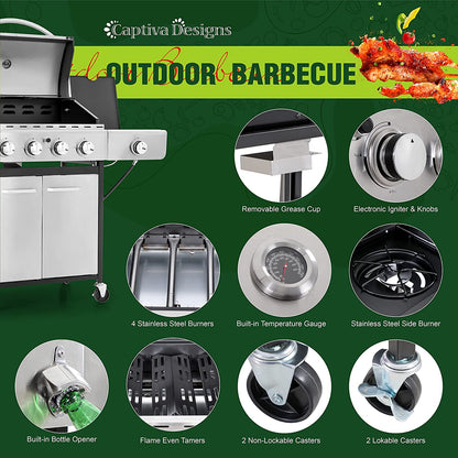 Captiva Designs 4-Burners Propane Gas BBQ Grill with Side Burner & Porcelain-Enameled Cast Iron Grates, 42,000 BTU Output for Outdoor Cooking Kitchen and Patio Backyard Barbecue, Stainless Steel