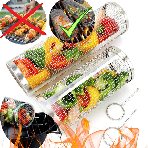 Image of Round Grill Baskets for Outdoor Grilling BBQ Net Tube | Rolling Stainless Steel Grill Basket Campfire Grill Grid | Camping Picnic Cookware 2 Pack Set (L(11.81") +M(7.87") Set, X 2)