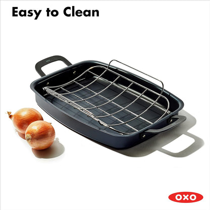 OXO Obsidian Pre-Seasoned Carbon Steel, 15" X 10.5" Roasting Pan with Stainless Steel Roaster Rack, Induction, Black