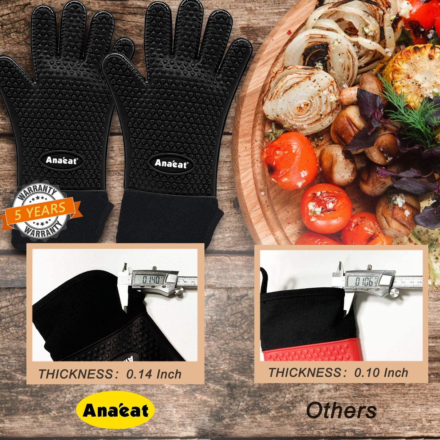 Anaeat BBQ Grilling Gloves Heat Resistant, Versatile Waterproof Cooking Gloves - 100% Cotton Lining Silicone Oven Mitts, Flexible Potholder for Barbecue, Baking - Thick Long Wrist Protection (Black)