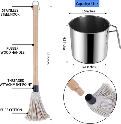 BBQ Sauce Pot and Basting Brush Set, 61Oz Stainless Steel Sauce Pan & Basting Mop Brush, Gifts for Griller & Barbecue Cooking Accessories, with 2Pcs Wooden Long Handle Sauce Mops and 2Pcs Replacements