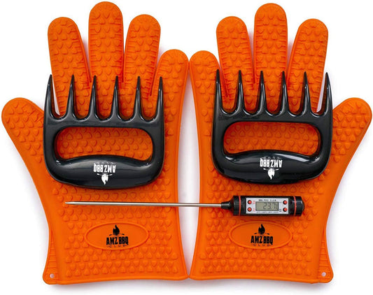 - Meat Claws Bbq Grill Accessories Set - 2 Silicone Gloves, Claws for Pulled Pork, BBQ Thermometer - Perfect Smoker Accessories Grilling Tools Gift Set for (Orange Glove-Thermometer-Claw)