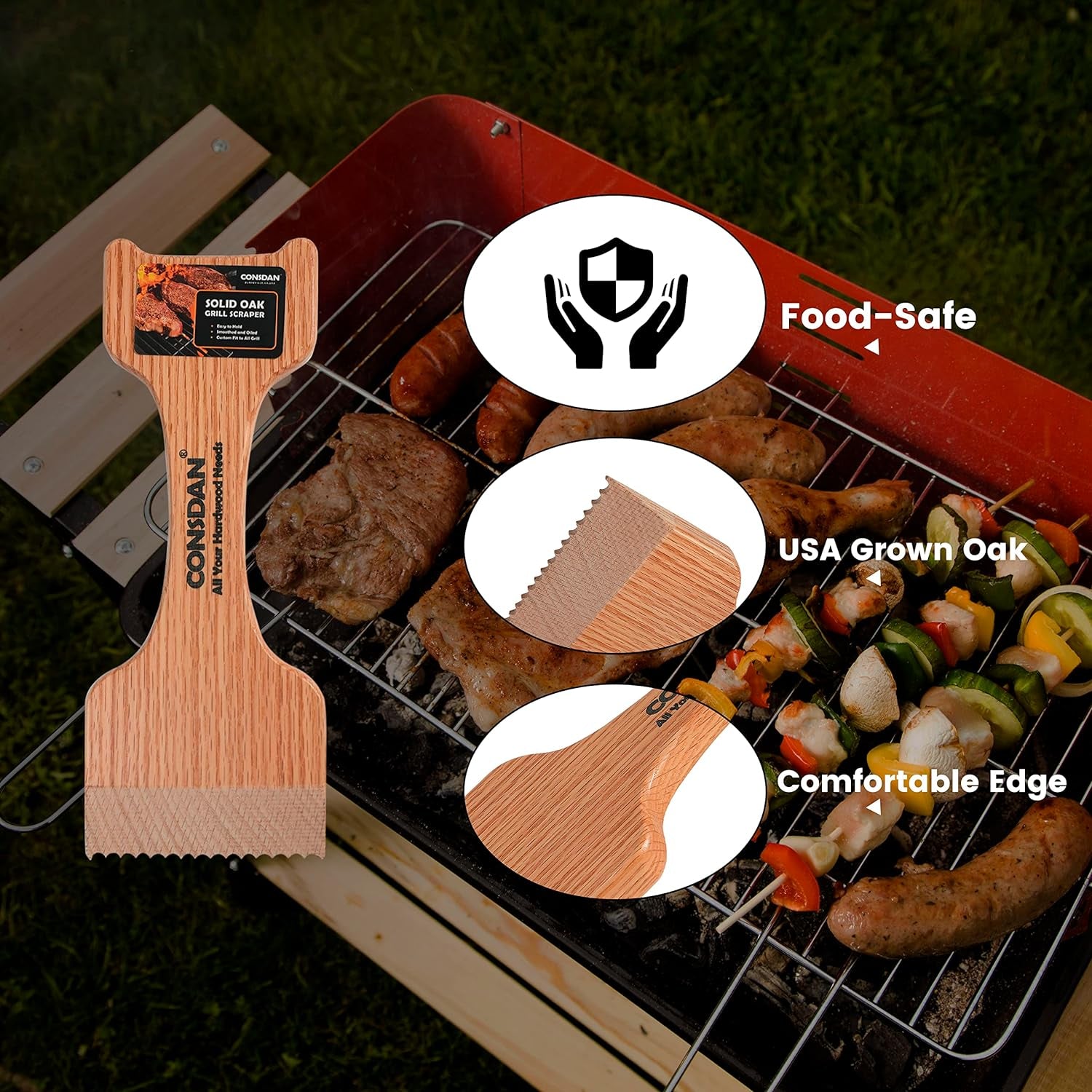 Grill Scraper, Soild Oak Wooden Grill Brush, Grill Scraper for Outdoor Grill, Bristle Free Grill Scrapers, Grill Grate Cleaner Safe Wood Grill Brusher