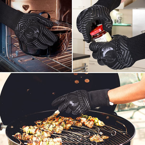 Image of BBQ Gloves,1472℉ Heat Resistant Grill Gloves, EN407 Certified 13 Inch Grilling Gloves for Smoker, Baking, Cooking, Fire Pit (Black-Flames Texture)