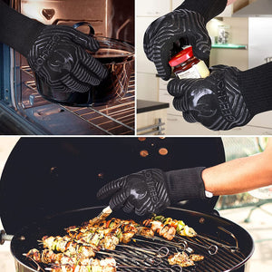 BBQ Gloves,1472℉ Heat Resistant Grill Gloves, EN407 Certified 13 Inch Grilling Gloves for Smoker, Baking, Cooking, Fire Pit (Black-Flames Texture)