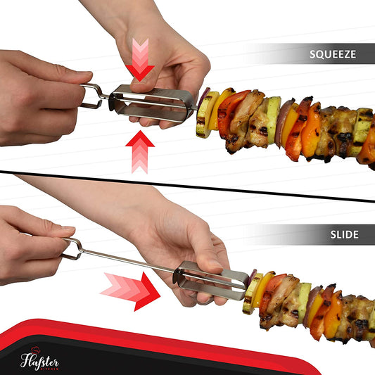 Kabob Skewers for Grilling- BBQ Skewers for Grilling-16" Long Flat Kebab Skewers with Push Bar- Shish Kabob Skewers - Stainless Steel Skewer Sticks for Camping - Wide Reusable Sword Skewers - 8 Pack