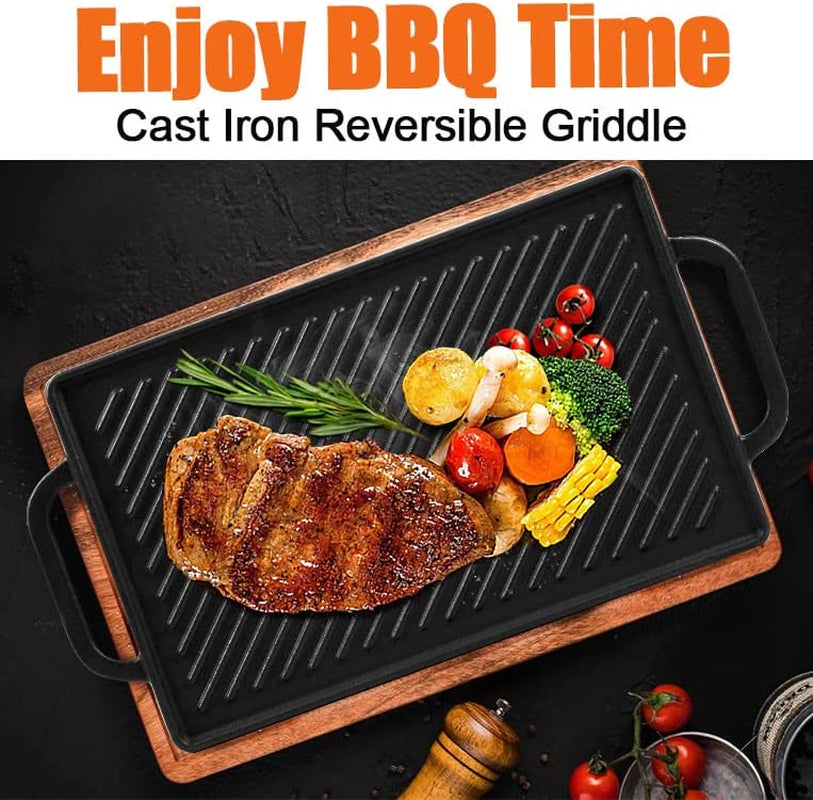 Cast Iron Reversible Grill Griddle，Double Sided Grill Pan Perfect for Gas Grills and Stove Tops, 13 X 8.25 Rectangular Baking Flat and Ribbed Griddle Plate