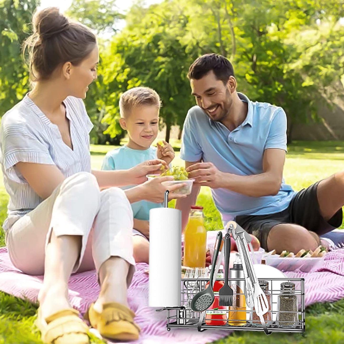 Picnic Caddy and Grill Utensil Caddy,Condiment Caddy, Grill-Caddy,Adjustable Compartment Storage,With 3 Hooks,Sturdy Thick,Easy Carry,Quick Assemble Grill Accessories Storage-Black