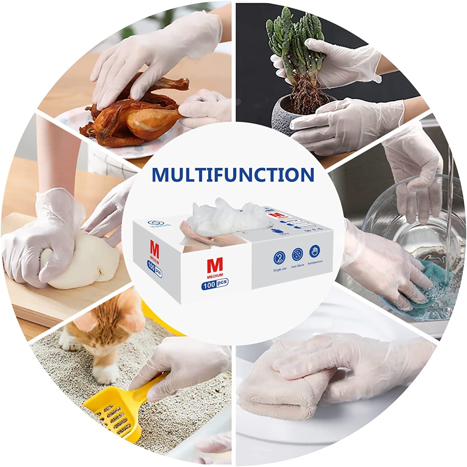 Disposable Gloves,  Clear Vinyl Gloves Latex Free Powder-Free Glove Health Gloves for Kitchen Cooking Food Handling, 100Pcs/Box, Medium