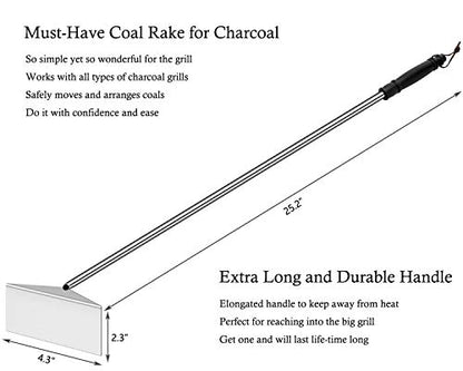 POLIGO Charcoal Grill Ash Rake Hoe for Fireplace Wood Stove Pizza Oven, Stainless Steel BBQ Cleaner Poker Scraper, Elongated Cleaning Tool Accessories for Smoker, Ceramic, Kamado, Vision Grills