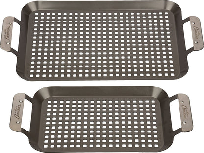 BBQ Grill Topper Grilling Pans (Set of 2) - Non-Stick Barbecue Trays W Stainless Steel Handles - Indoor Outdoor Use for Meat, Vegetables & Seafood - Great for Thanksgiving Dinner - Grill Gift for Men