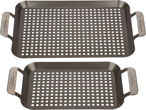 Image of BBQ Grill Topper Grilling Pans (Set of 2) - Non-Stick Barbecue Trays W Stainless Steel Handles - Indoor Outdoor Use for Meat, Vegetables & Seafood - Great for Thanksgiving Dinner - Grill Gift for Men