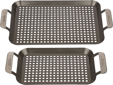 BBQ Grill Topper Grilling Pans (Set of 2) - Non-Stick Barbecue Trays W Stainless Steel Handles - Indoor Outdoor Use for Meat, Vegetables & Seafood - Great for Thanksgiving Dinner - Grill Gift for Men