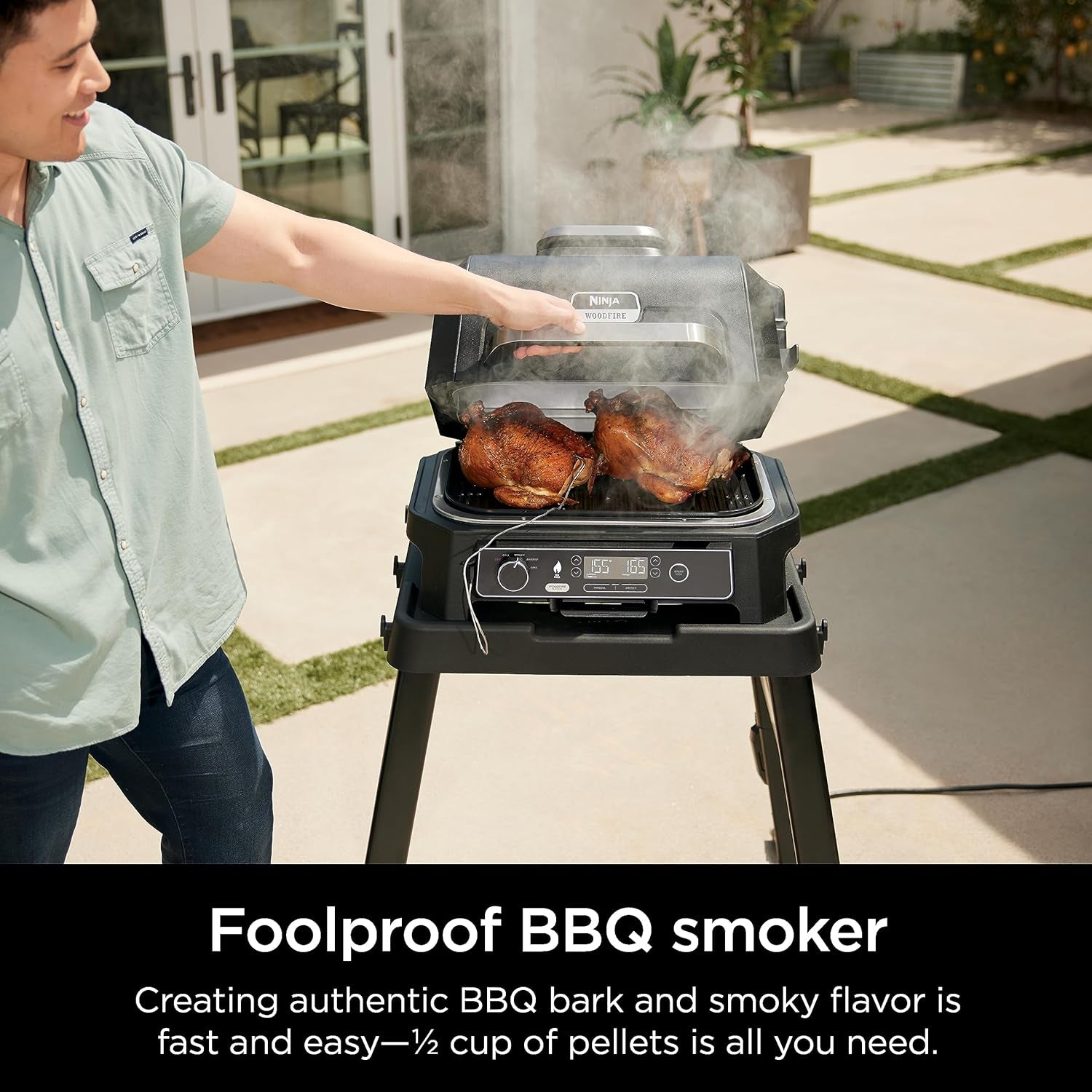 OG850 Woodfire Pro XL Outdoor Grill & Smoker with Built-In Thermometer, 4-In-1 Master Grill, BBQ Smoker, Outdoor Air Fryer, Bake, Portable, Electric, Blue
