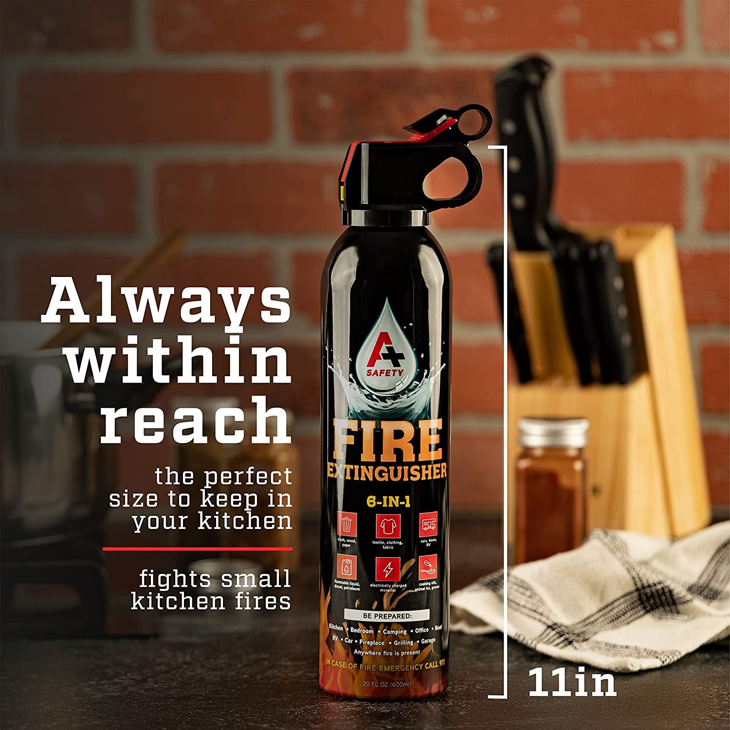 A+ Safety Portable Fire Extinguisher | 6-In-1 Small Fire Extinguisher for Home, Garage, Kitchen, Car | for Electric, Textile and Grease Fires | Non-Toxic, Easy Clean | Wall Mount Incl (4PK)