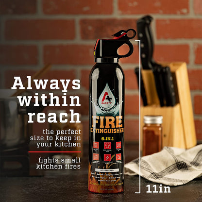 A+ Safety Portable Fire Extinguisher | 6-In-1 Small Fire Extinguisher for Home, Garage, Kitchen, Car | for Electric, Textile and Grease Fires | Non-Toxic, Easy Clean | Wall Mount Incl (4PK)