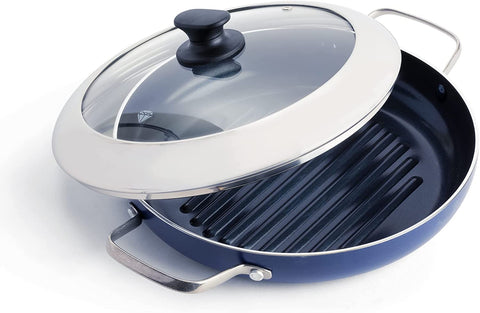 Image of Cookware Diamond Infused Ceramic Nonstick 11" Grill Genie Pan with Lid Pfas-Free Dishwasher Safe Oven Safe Blue