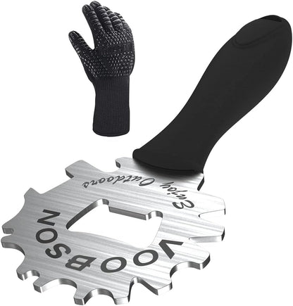 Grill Scraper Tool - Bristle Free Safe BBQ Cleaner with 1 Reusable Cleaning Gloves - Stainless Steel Heavy Duty Barbecue Brush Substitute Extended Handle & Bottle Opener Accessories
