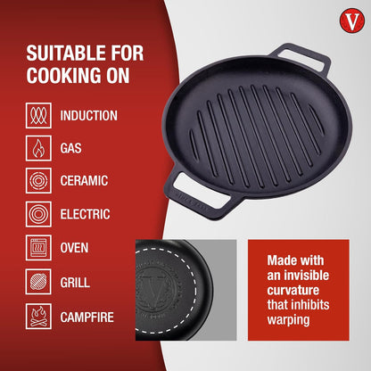 Cast Iron round Grill Pan with Double Loop Handles, Made in Colombia, 10 Inches