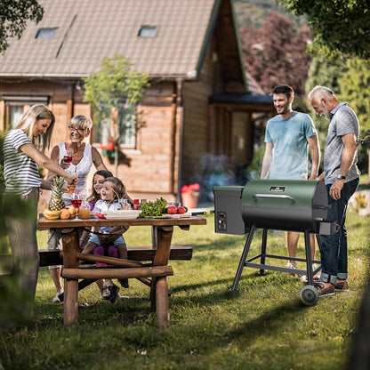 Wood Pellet Grill & Smoker 8-In-1 Multifunctional Portable BBQ Grill with Automatic Temperature Control, Rugged Wheels & Rain Cover, for Backyard Camping Outdoor Cooking Smoke, Bake and Roast