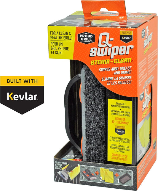 Q-Swiper Steam Clean BBQ Grill Cleaner Set - 1 Grill Brush with Scraper, 2 Heat Resistant Kevlar® Cloths, 1 Tray | Bristle Free | Safe Way to Steam Away Grill Grease & Grime