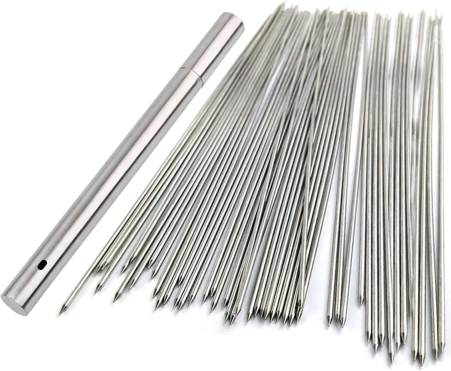 Bigotters Barbecue Skewers, 100PCS Skewers for Grilling Stainless Steel Skewers BBQ Needle Sticks Metal Skewers for Meat Shrimp Chicken Vegetable Outdoor Cooking