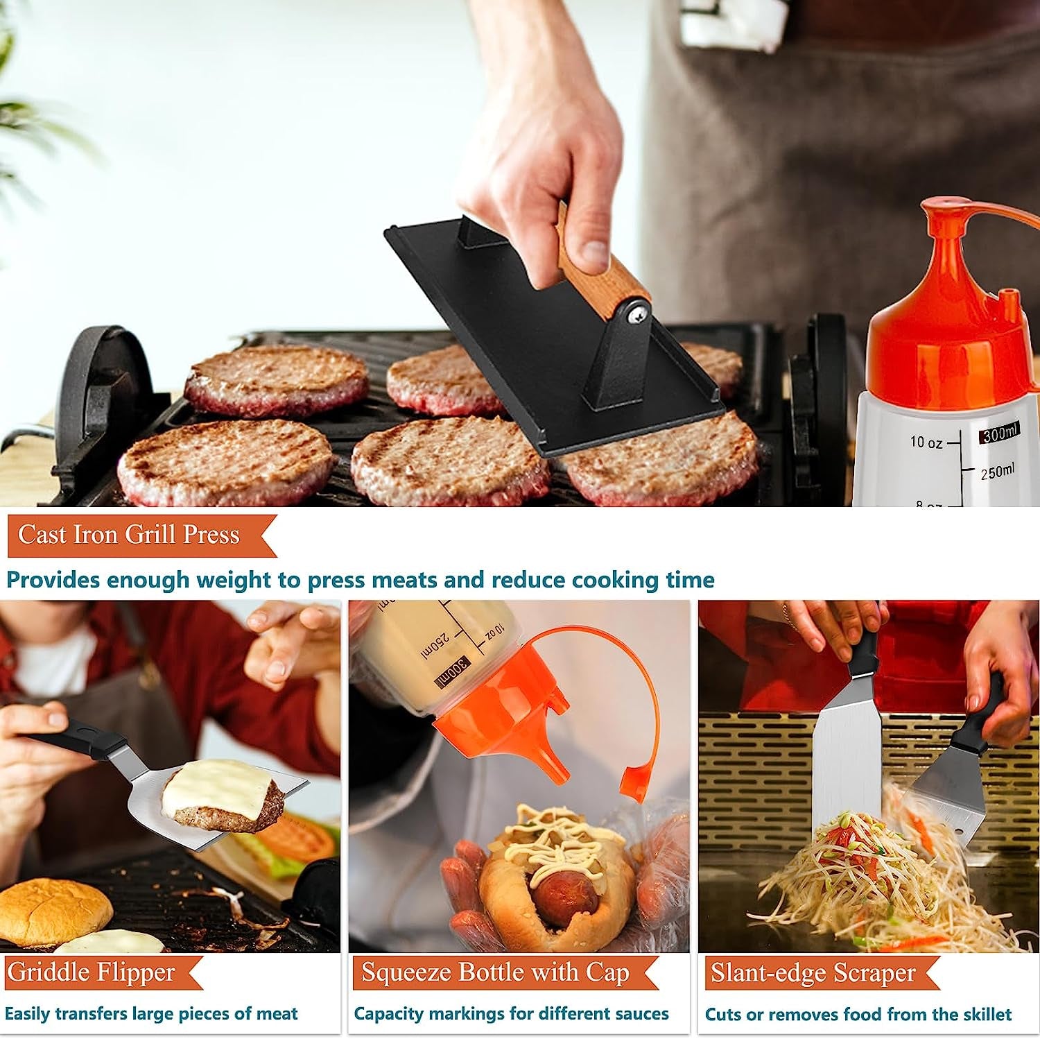 AEEKEL Blackstone Griddle Accessories Kit, 24Pcs Flat Top Grill Accessories Kit for Camp Chef, Professional BBQ Grilling Accessories Set with Grill Press, Enlarged Spatula, and More Griddle Tools