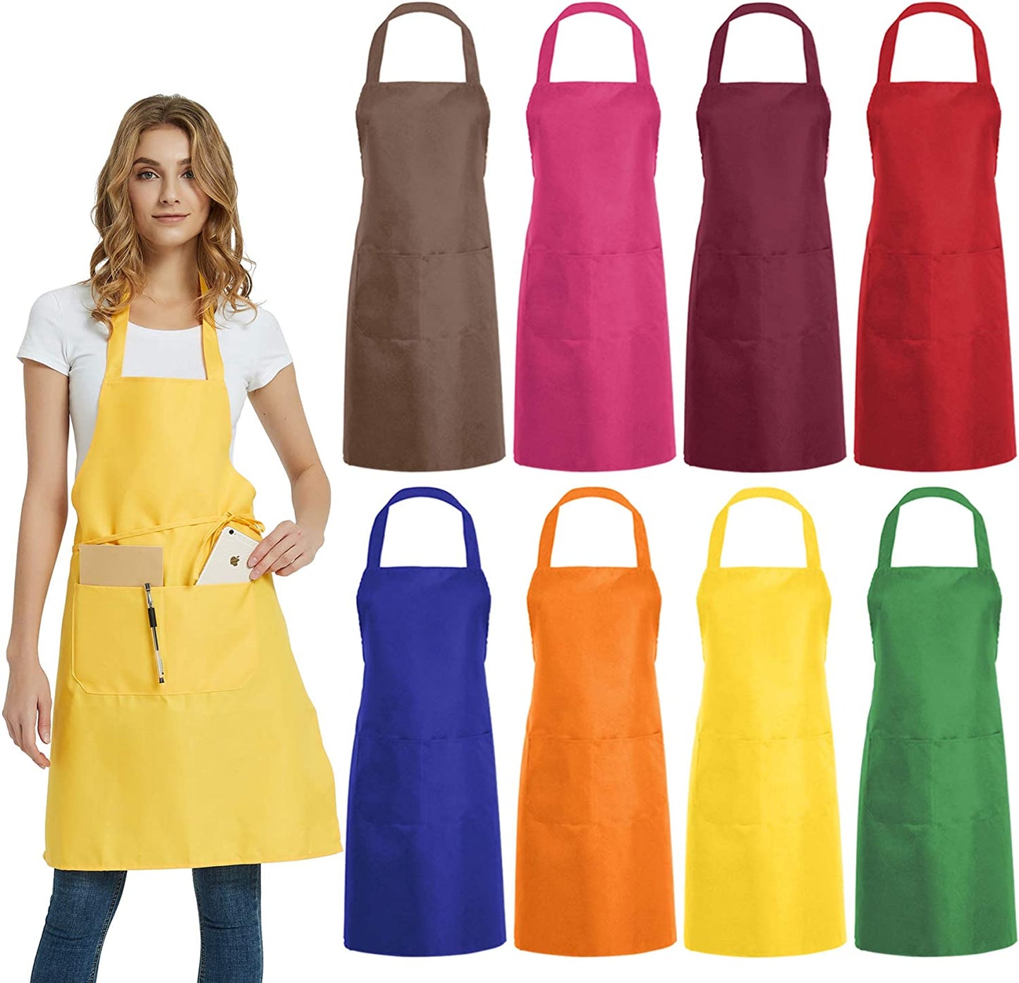 8 PCS Plain Bib Aprons Bulk - Mixed Color Commercial Apron with 2 Pockets for Kitchen Cooking Restaurant BBQ Painting Crafting